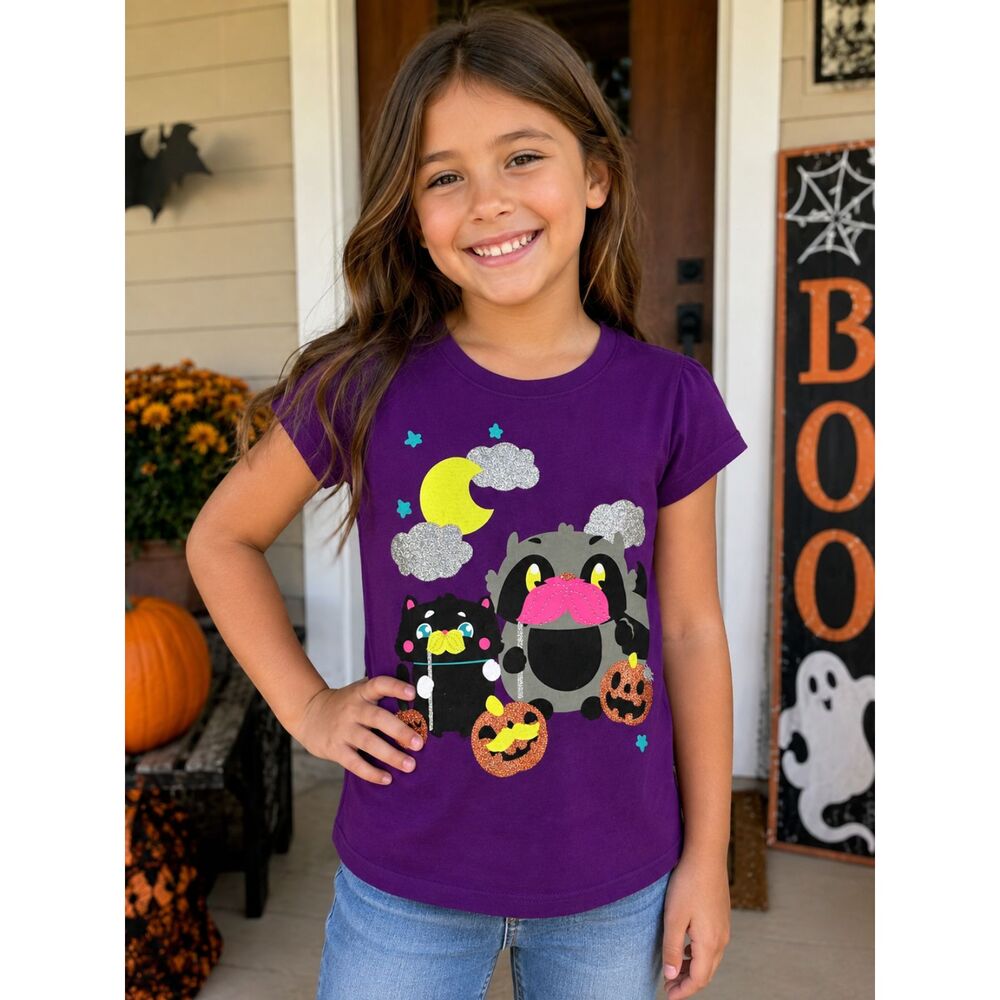 Girls Halloween T Shirt Size 6/6X Purple Glitter Raccoon Cat Pumpkin Graphic